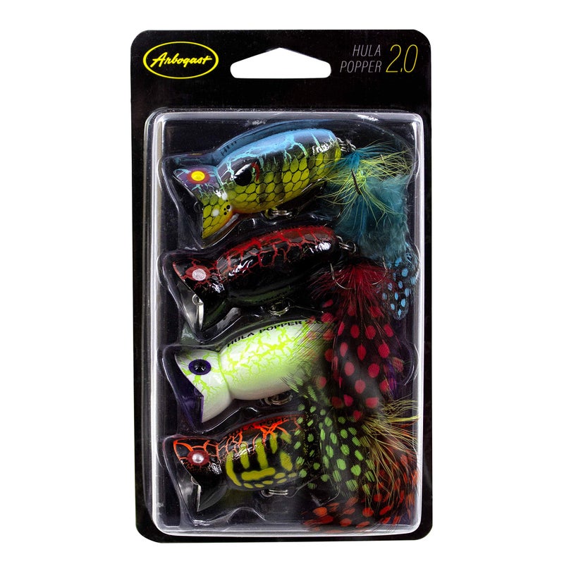 Arbogast Hula Popper 2.0 Topwater Fishing Lure with Feathered Treble Hook and Crackle Pattern Body, 2", 3/8 oz, Multi, 4-Pack - Image 1